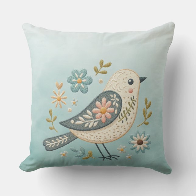 Little Green Bird Floral Throw Pillow (Front)
