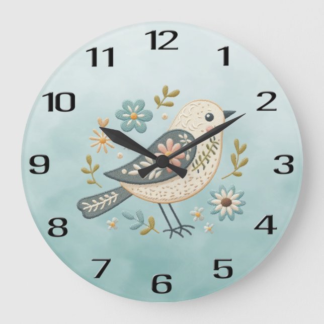 Little Green Bird Floral Wall Clock (Front)