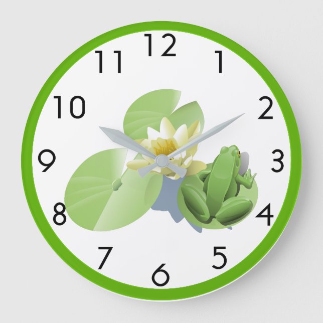 Little Green Frog Sitting on a Lily Pad Large Clock (Front)