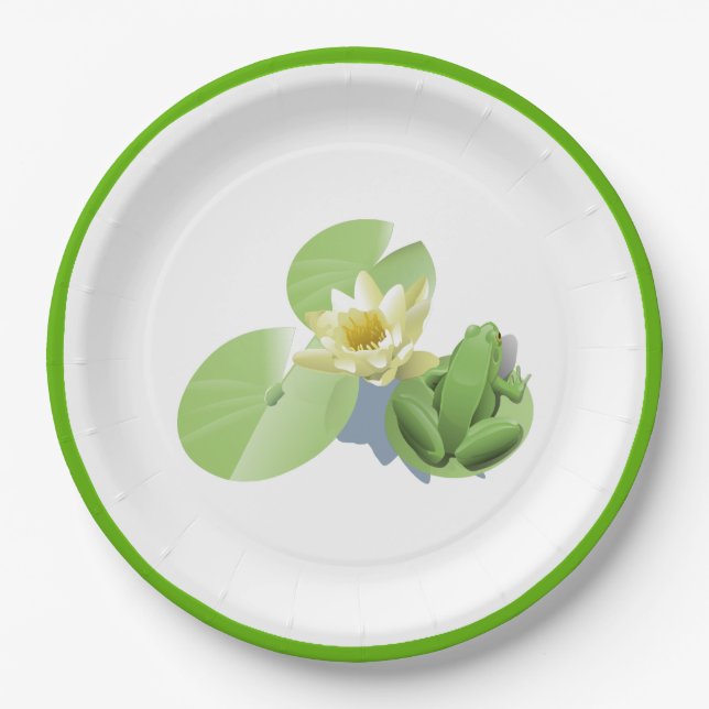 Little Green Frog Sitting on a Lily Pad Paper Plates (Front)