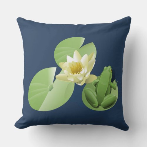 Little Green Frog Sitting on a Lily Pad Throw Pillow