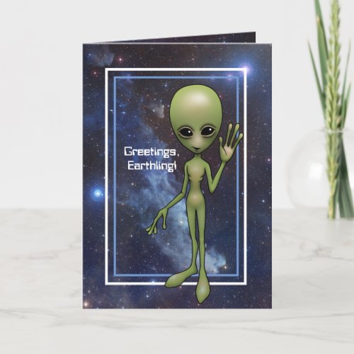Little Green Man Alien Greetings Earthling Holiday Card