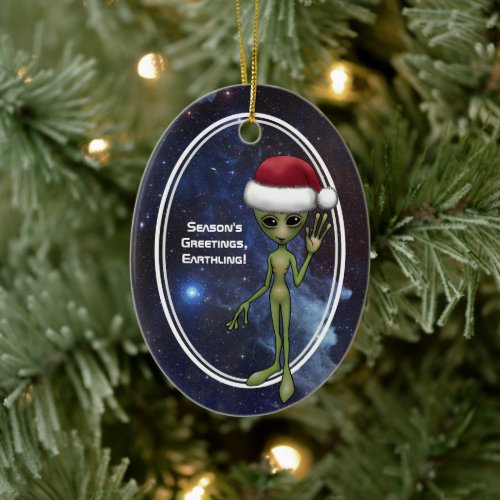 Little Green Man Alien Space Holiday Christmas Ceramic Ornament