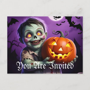 Little Green Monster & Pumpkin Friend Invitation Postcard