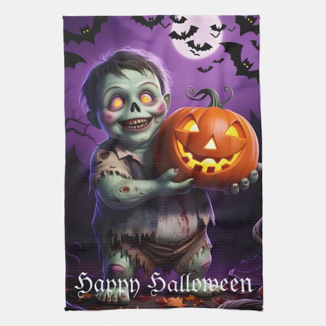 Little Green Monster & Pumpkin Friend  Kitchen Towel (Vertical)