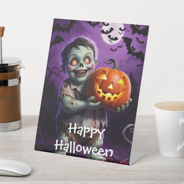 Little Green Monster & Pumpkin Friend Pedestal Sign (In SItu)