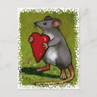 Little Grey Mouse Holding Red Heart: Oil Pastel Postcard