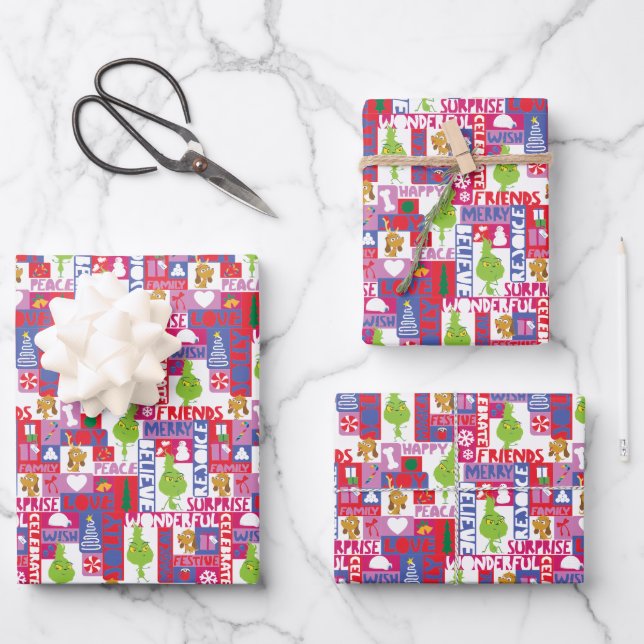 Little Grinch | Colorful Christmas Pattern Wrapping Paper Sheets (Front)