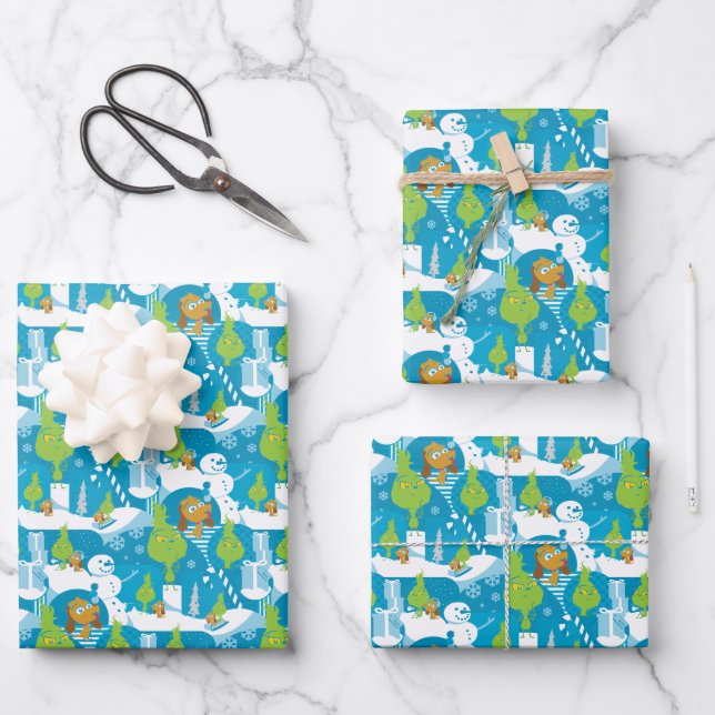 Little Grinch | Merry Grinchmas Teal Pattern Wrapping Paper Sheets (Front)