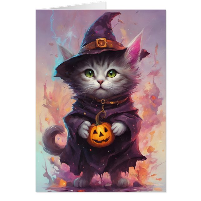 Little Halloween Witch Kitten Cat Cards (Front)