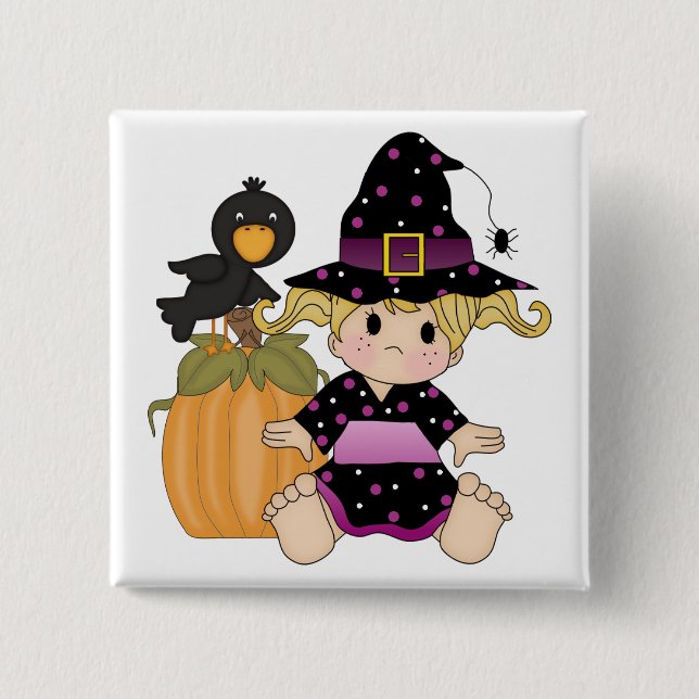 Little Halloween witch with black purple dress Button (Front)