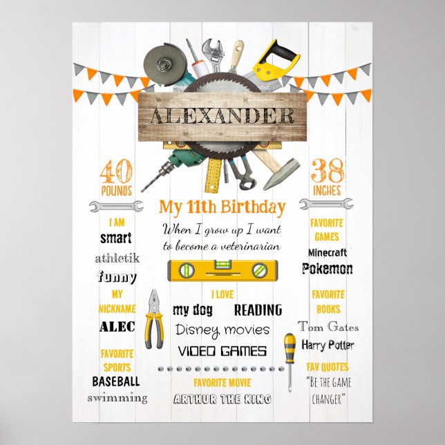 Little Handyman Birthday Milestone Birth Stats Poster (Front)