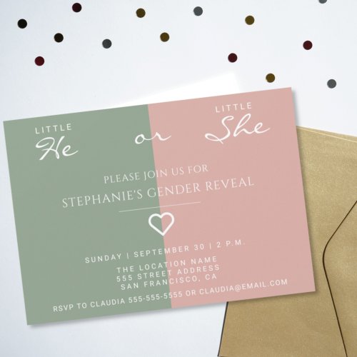 Little He Little She Heart Dusty Rose Sage Green Invitation