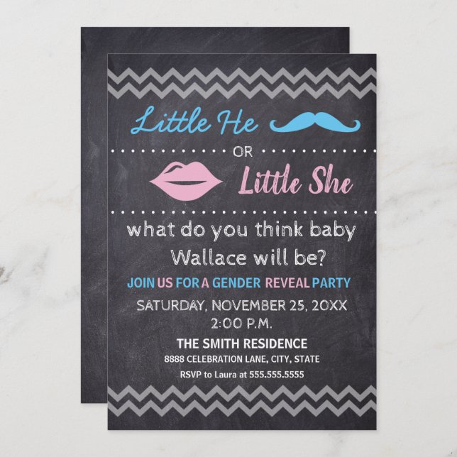 Little He Little She Lips Mustache Gender reveal Invitation (Front/Back)