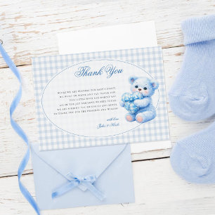 Little Heart Blue Gingham Teddy Bear Baby Shower Letterpress Thank You Card