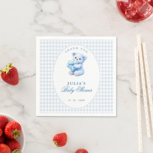 Little Heart Blue Gingham Teddy Bear Baby Shower Napkins