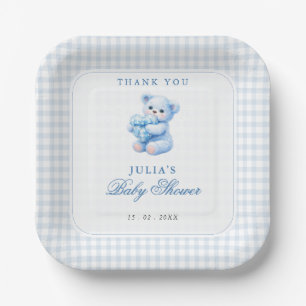 Little Heart Blue Gingham Teddy Bear Baby Shower Paper Plates