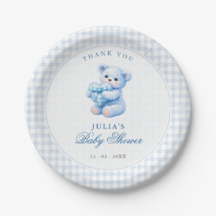 Little Heart Blue Gingham Teddy Bear Baby Shower Paper Plates