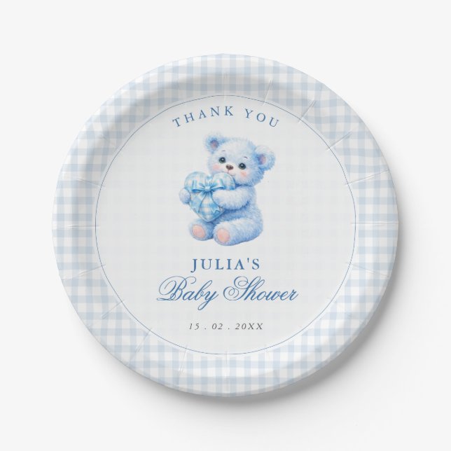 Little Heart Blue Gingham Teddy Bear Baby Shower Paper Plates (Front)