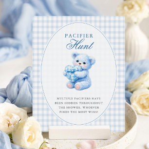 Little Heart Blue Gingham Teddy Bear Baby Shower Poster