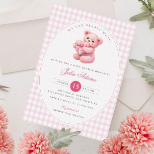 Little Heart Pink Gingham Teddy Bear Baby Shower Invitation