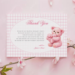 Little Heart Pink Gingham Teddy Bear Baby Shower Letterpress Thank You Card