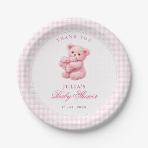 Little Heart Pink Gingham Teddy Bear Baby Shower Paper Plates