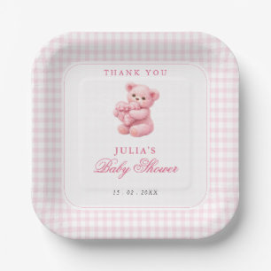 Little Heart Pink Gingham Teddy Bear Baby Shower Paper Plates