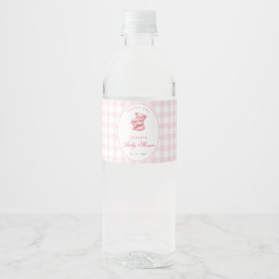 Little Heart Pink Gingham Teddy Bear Baby Shower Water Bottle Label