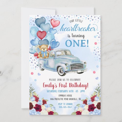 Little Heartbreaker Blue Truck Bear Birthday Invitation
