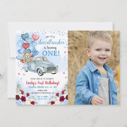 Little Heartbreaker Blue Truck Bear Birthday Photo Invitation