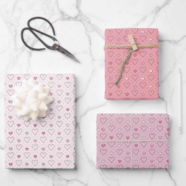 Little Hearts and Dots Pattern Wrapping Paper Sheets (Front)