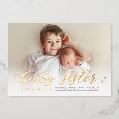 Little Hearts Baby Sister Foil Birth Announcement
