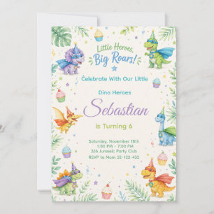 Little Heroes Big Roars Dinosaur Birthday Watercol Invitation