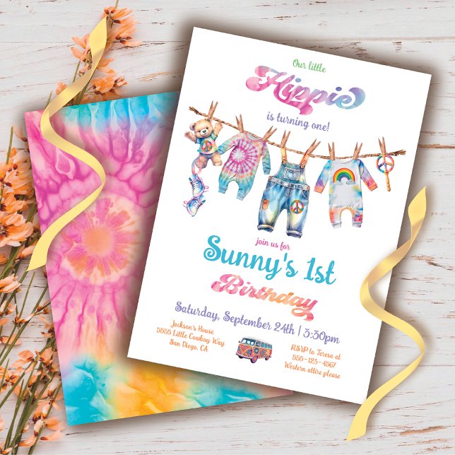 Little Hippie Tye Dye Clothesline 1st Birthday Invitation (Creator Uploaded)