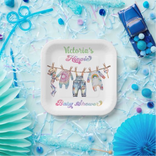 Little Hippie Tye Dye Clothesline Baby Shower Paper Plates