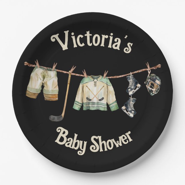 Little Hockey Player Baby Shower Clothesline Puck Paper Plates (Front)
