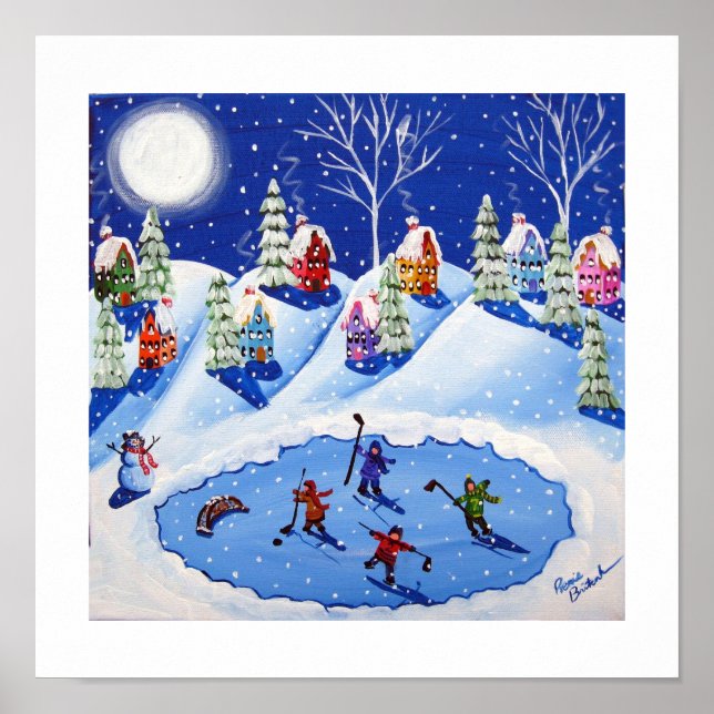 Little Hockey Players Ice Skate Winter Folk Art Poster (Front)