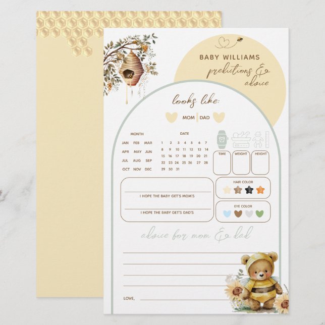Little honey Bear Baby Shower predictions game (Front/Back)