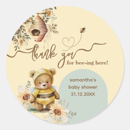 Little honey Bear Baby Shower Thanks bee_ing here Classic Round Sticker