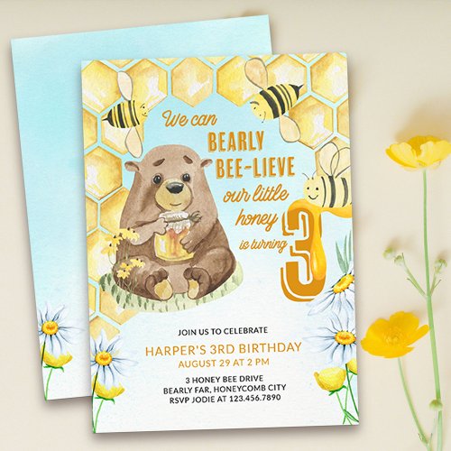 Little Honey Bearly Bee_lieve 3rd Birthday Bee Invitation