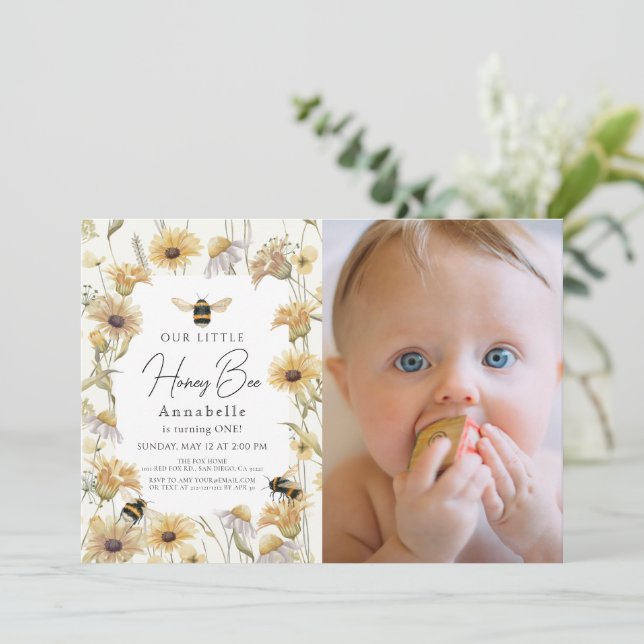 Little Honey Bee Chamomile 1st Birthday Photo Invitation (Standing Front)