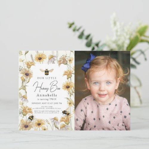 Little Honey Bee Chamomile Birthday Photo Invitation