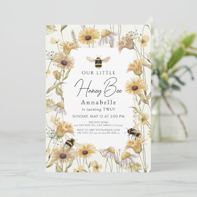 Little Honey Bee Chamomile & Daisy Kids Birthday Invitation (Standing Front)