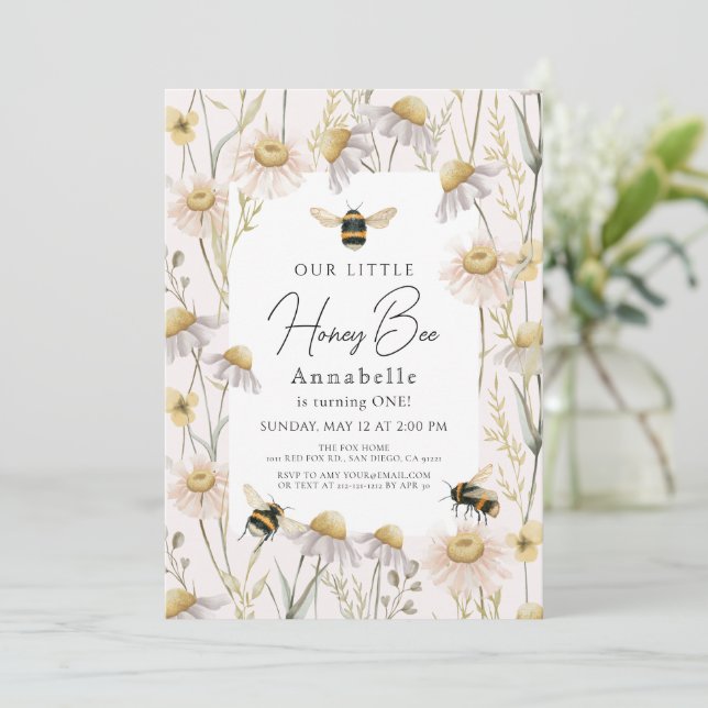 Little Honey Bee Chamomile Pink 1st Birthday Invitation (Standing Front)