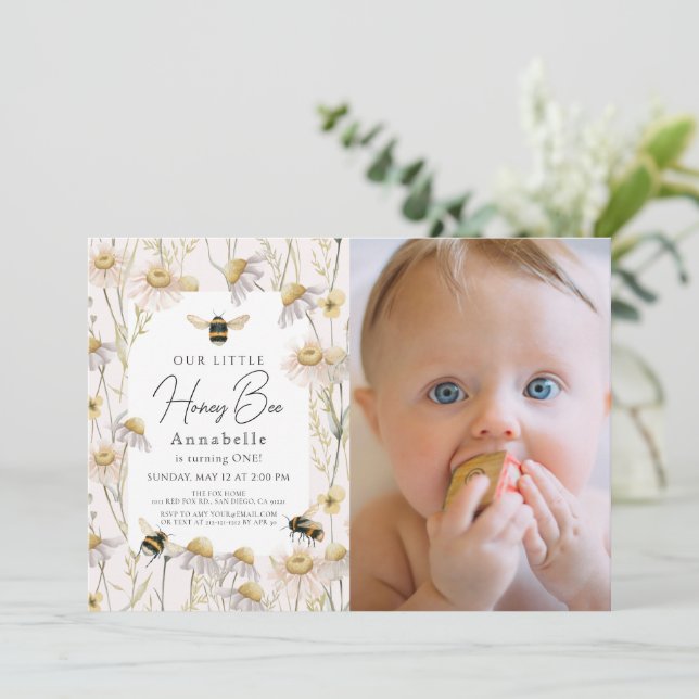Little Honey Bee Chamomile Pink 1st Birthday Photo Invitation (Standing Front)