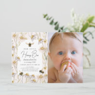 Little Honey Bee Chamomile Pink 1st Birthday Photo Invitation