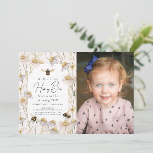 Little Honey Bee Chamomile Pink Birthday Photo Invitation