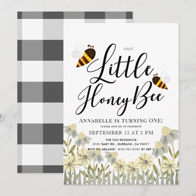 Little Honey Bee Daisy 1st Birthday Invitation (Front/Back)
