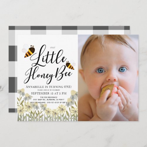 Little Honey Bee Daisy 1st Birthday Photo Invitation